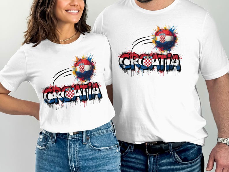White t-shirts with "Croatia" text, a soccer ball, and paint splatters.