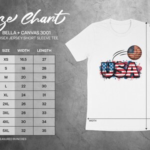 Bella + Canvas 3001 size chart with measurements for unisex jersey short sleeve tee.