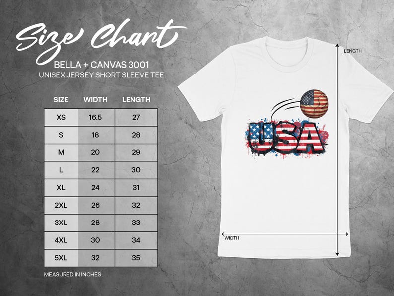 Bella + Canvas 3001 size chart with measurements for unisex jersey short sleeve tee.