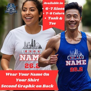 May include: White and blue athletic shirts with a Chicago skyline graphic, the word "CHICAGO", and the text "NAME 26.2". The shirts are available in multiple sizes and colors, including tank tops and tees. The text "Wear Your Name On Your Shirt" is also visible.