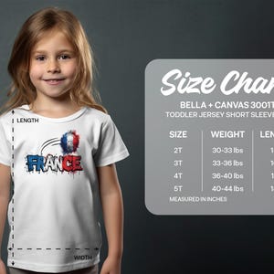 Toddler t-shirt with "FRANCE" in French flag colors, with a size chart.