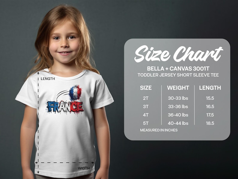 Toddler t-shirt with "FRANCE" in French flag colors, with a size chart.