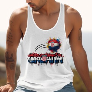 White tank top with Croatia flag spray paint graphic and text.
