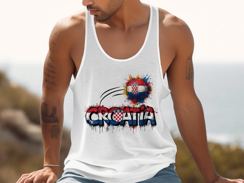White tank top with Croatia flag spray paint graphic and text.