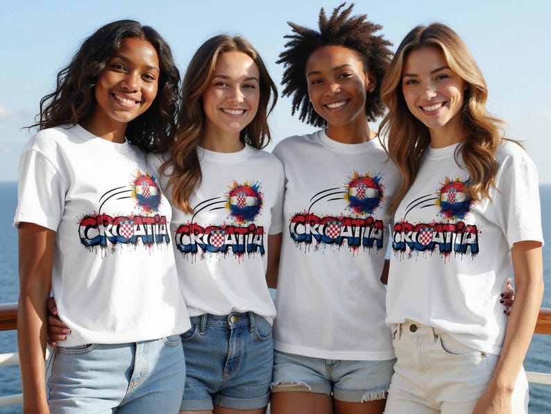Four young women wearing Croatia flag t-shirts stand together smiling.