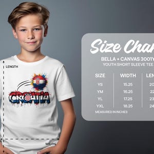 Boy wearing a Croatia t-shirt next to a size chart for youth short sleeve tees.