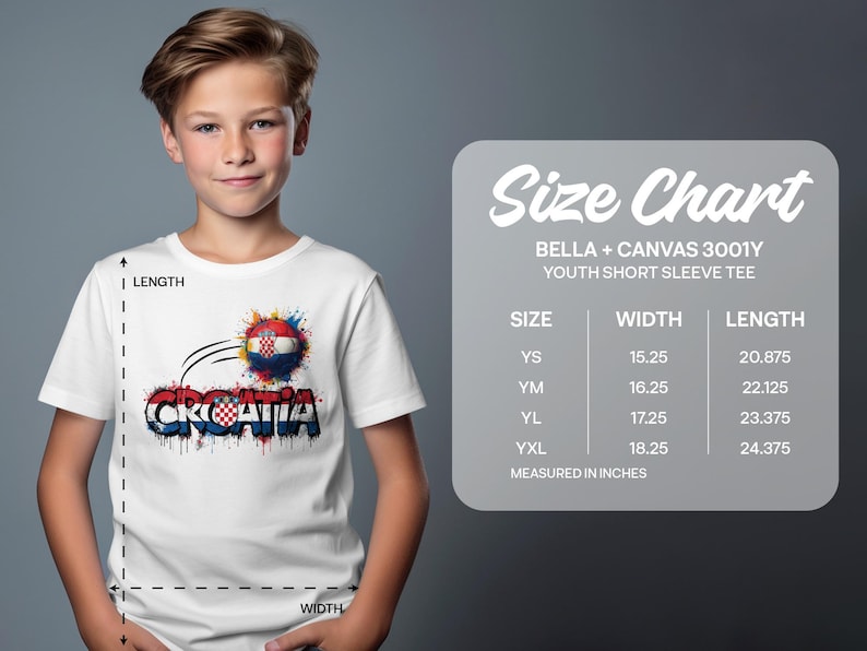 Boy wearing a Croatia t-shirt next to a size chart for youth short sleeve tees.