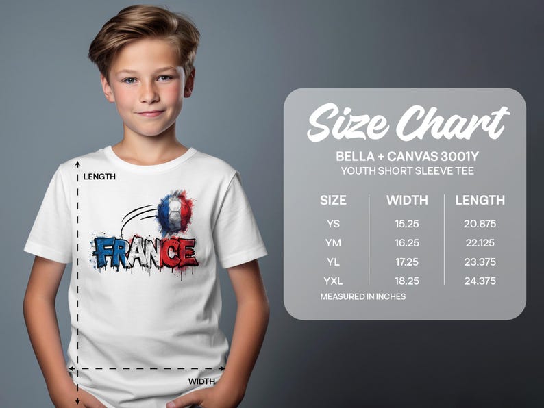 Boy wearing a white t-shirt with a "FRANCE" soccer ball graphic and a size chart.