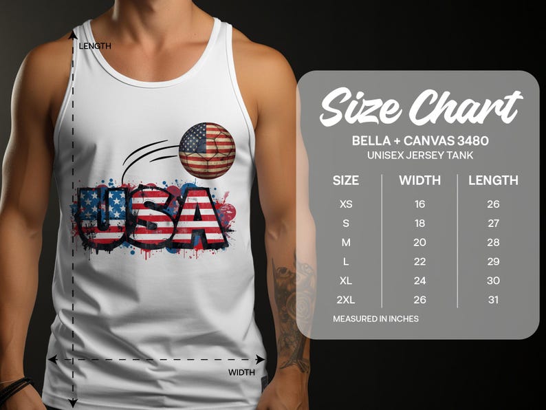 White tank top with USA flag graphic and size chart.