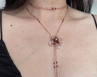 beaded golden and brown flower choker necklace