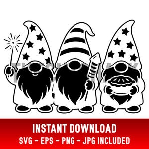 Trio de gnomes patriotes SVG – Clipart de gnomes du 4 juillet | Drapeau De La Tarte Feu D'artifice | Fichier de découpe laser Cricut png jpg eps