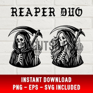 Magere Hein-bundel – vrouwelijke en mannelijke skeletgesneden bestanden | Middelvinger schedel vector | EPS-SVG-PNG | Cricut cameo lasertattookunst