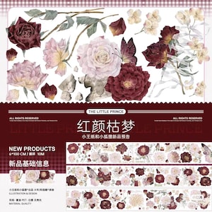 以下が含まれることがあります： バラ、蝶、植物の要素が描かれた、バーガンディ、ピンク、クリーム色の装飾用和紙テープセット。 各ロールは100cmで、複数のデザインが含まれています。 「The Little Prince」のテキストも表示されています。 スクラップブッキングやクラフトに最適です。