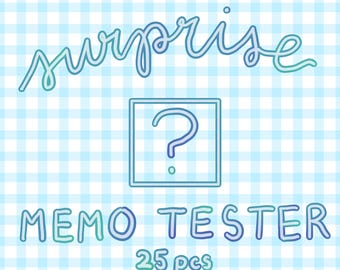 May include: A light blue and white checkered background with the word "surprise" in a cursive font. A square with a question mark inside is in the center. Below is "MEMO TESTER" and "25 pcs" in a handwritten font.