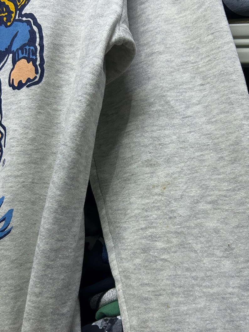 K&ouml;nnte beinhalten: Ein hellgraues Sweatshirt mit einer Cartoon-Grafik auf der oberen linken Seite. Die Grafik ist in Blau und Gelb gehalten. Das Sweatshirt hat lange &Auml;rmel und einen Rundhalsausschnitt. Auf dem rechten &Auml;rmel befinden sich Flecken.