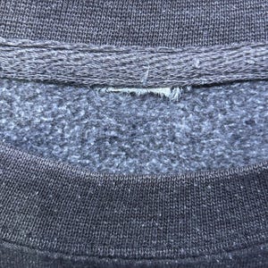 May include: Close-up of a gray sweatshirt collar. The collar is a darker gray than the body of the sweatshirt. The fabric has a textured appearance. The image shows the neckline and part of the shoulder area of the garment.