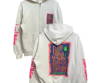 Sweat à capuche zippé Local Motion vintage des années 90 Vintage Surf Hawaii| Blanc | Graphique rétro | Unisexe Grande | Ambiance de plage
