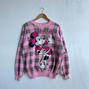 Vintage Minnie Mouse All Over Print Sweatshirt Pink Plaid | Disney Cartoon Pullover image 1