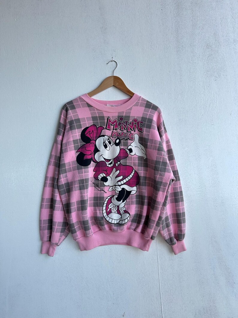 Vintage Minnie Mouse All Over Print Sweatshirt Pink Plaid | Disney Cartoon Pullover image 1