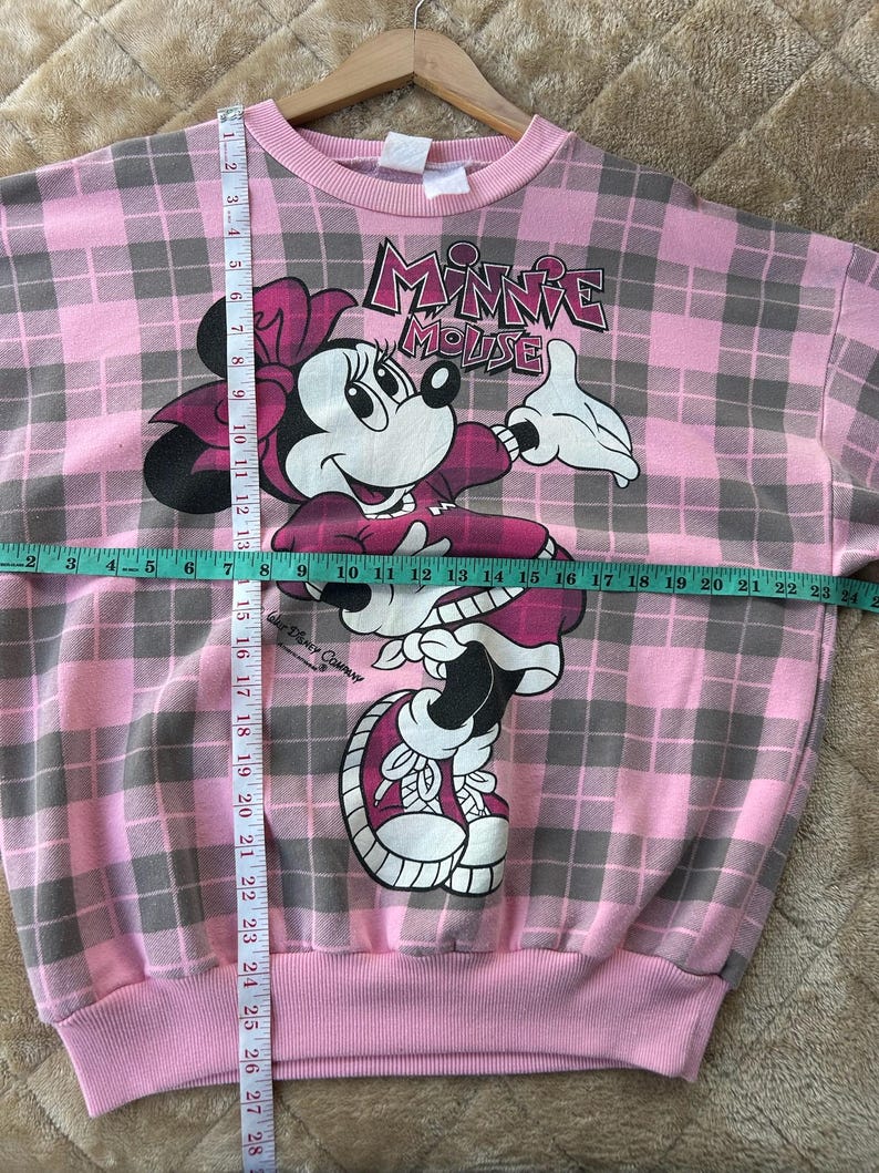 May include: Pink plaid Minnie Mouse sweatshirt with a graphic of Minnie Mouse. The sweatshirt has a crew neck and a pink ribbed hem and cuffs. The length is approximately 28 inches.