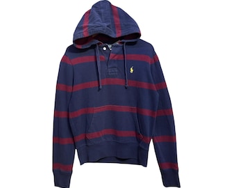 Vintage Polo Ralph Lauren Striped Hoodie | Navy & Burgundy | Embroidered Polo Logo | Unisex Medium | Polo Rugby Ralph Lauren