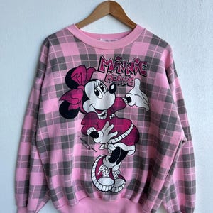 Vintage Minnie Mouse All Over Print Sweatshirt Pink Plaid | Disney Cartoon Pullover image 2