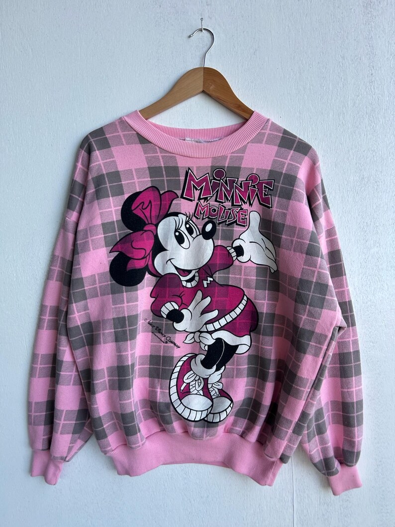 Vintage Minnie Mouse All Over Print Sweatshirt Pink Plaid | Disney Cartoon Pullover image 2