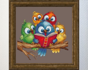Birds on a branch with a book print, cozy wall art