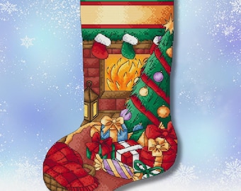 Christmas Cozy Stocking Cross Stitch Pattern PDF | Holiday Fireplace Chart | Digital Download Christmas Decor