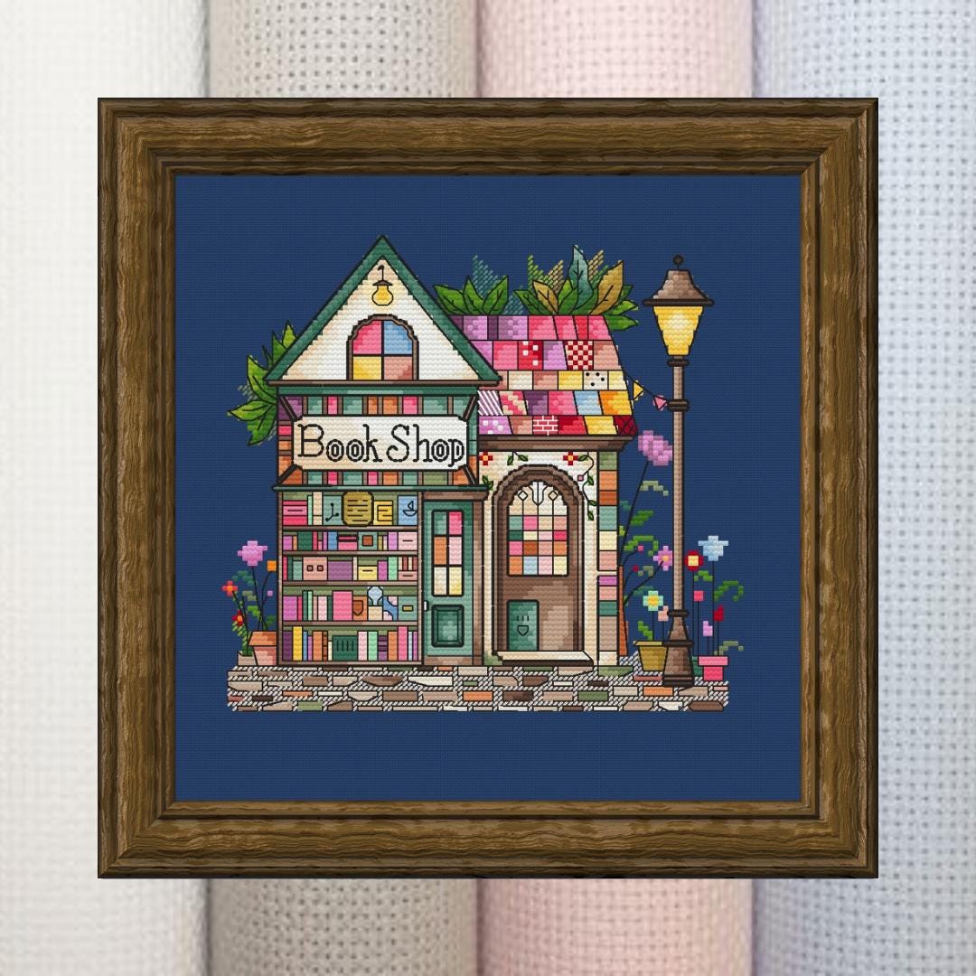 Cozy Bookshop Cross Stitch Pattern PDF - Bookstore Embroidery Design ...