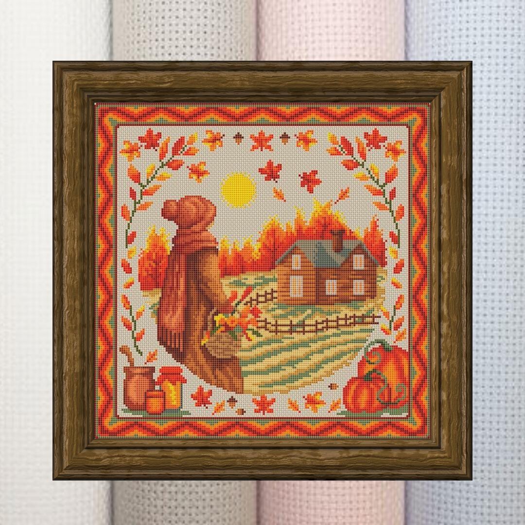 Autumn Cross Stitch Pattern With Cottage and Leaves. Digital PDF Design ...