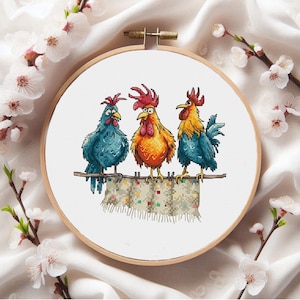 Gallos divertidos en una percha - punto de cruz, patrón de bordado, gallos, gallinas, pájaros, granja, humor, animales de dibujos animados, bordado divertido