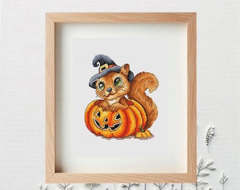Cross Stitch Pattern “Squirrel in Pumpkin with Witch Hat” | Halloween Embroidery | Autumn PDF