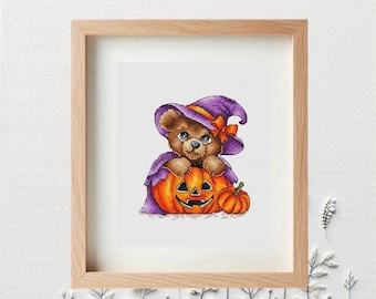 Patrón de punto de cruz de oso brujo: Calabaza de Halloween (Descarga PDF)