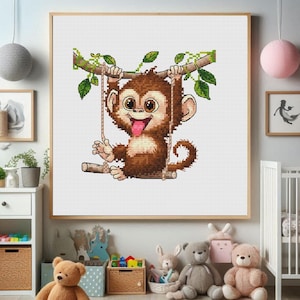 Cross-Stitch Pattern “Funny Monkey on a Vine” — Digital PDF/PNG Download, Instant Access