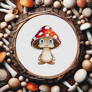 May include: A cross-stitch mushroom character with a red and white spotted cap and blue eyes, framed in a wooden hoop. The background is filled with various mushrooms and wooden elements, creating a whimsical, nature-inspired theme.
