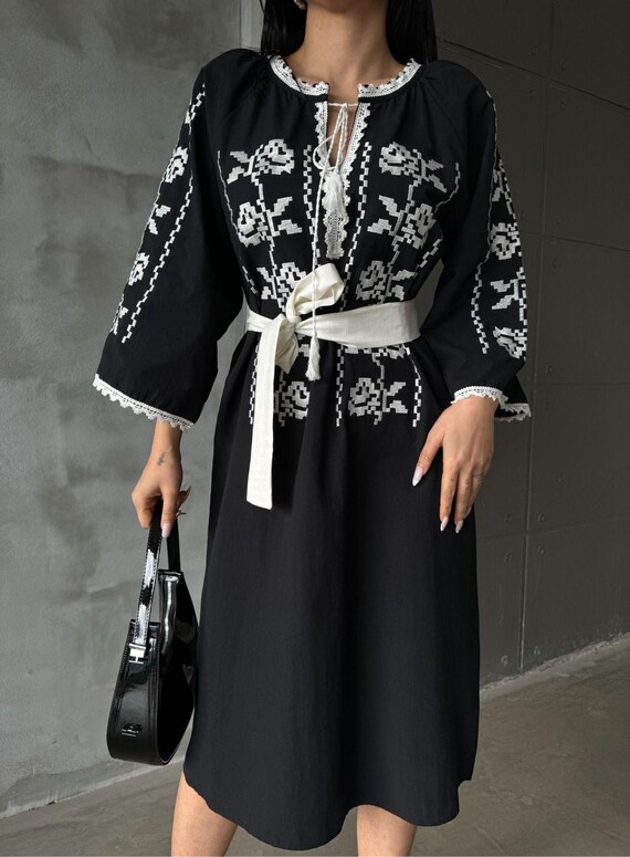 Black Embroidered Midi Dress | Vyshyvanka Folk Boho Cotton Style Sash