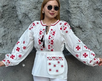 White Embroidered Linen Blouse – Red Floral Vyshyvanka | Boho Folk Peasant Top