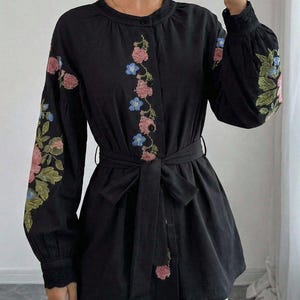 Black Blouse With Floral Embroidery - Etsy