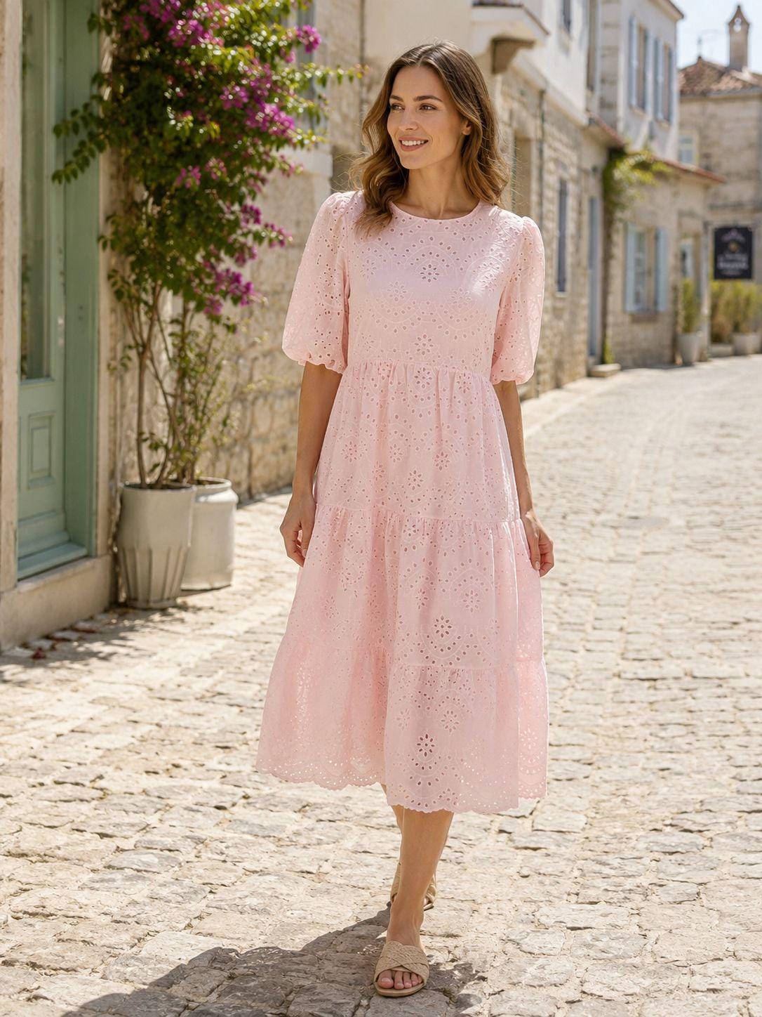 peach scallop lace broderie anglaise mini dress House Of Cb Isla Floral Broderie Anglaise Mini Dress - Peach