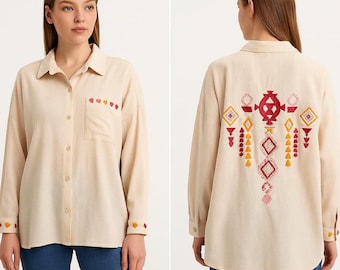 Camisa de lino bordada / Top bohemio para mujer, corte relajado