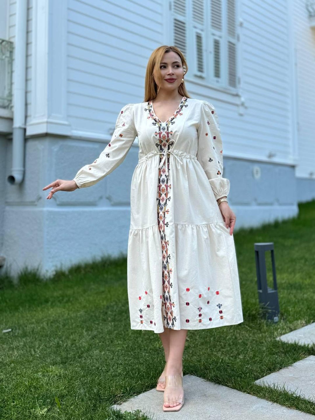 white boho embroidered dress Embroidered Boho Maxi Dress: White Cotton Floral Long Sleeve, Handmade