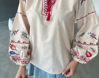 Boho Embroidered Blouse – Ethnic Floral Top, Balloon Sleeve (S/M)