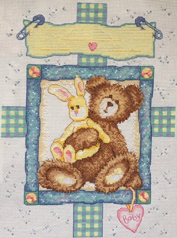 Bunny And Bear Birth Announcement Finished Counted Cross Etsy