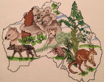 Map of Australia in Neutral Colors - Finished Counted Cross Stitch - 12" x 15" - Unframed