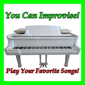 Puede incluir: Un piano de cola blanco con teclas negras y blancas. El piano tiene un diseño curvo y está sostenido por tres patas. El texto "You Can Improvise!" y "Play Your Favorite Songs!" se muestran en verde y rojo.