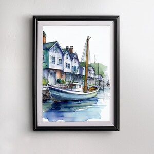 Boat Harbour Sea Watercolour Fine Art Print Poster, Home Decor A3 A2
