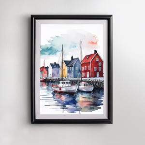 Boat Harbour Sea Watercolour Fine Art Print Poster, Home Decor A3 A2