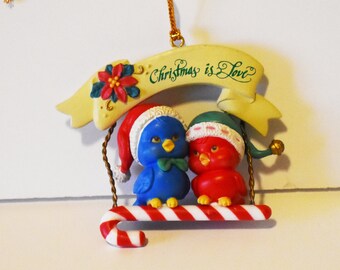 Vintage Christmas Ornament: Two Birds on Candy Cane Swing, Lustre Fame 1993