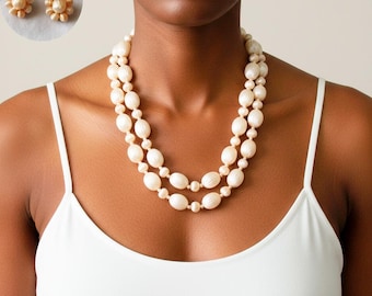 Vintage Peach Beaded Necklace and Clip On Earrings Set, 1950s Costume Jewelry